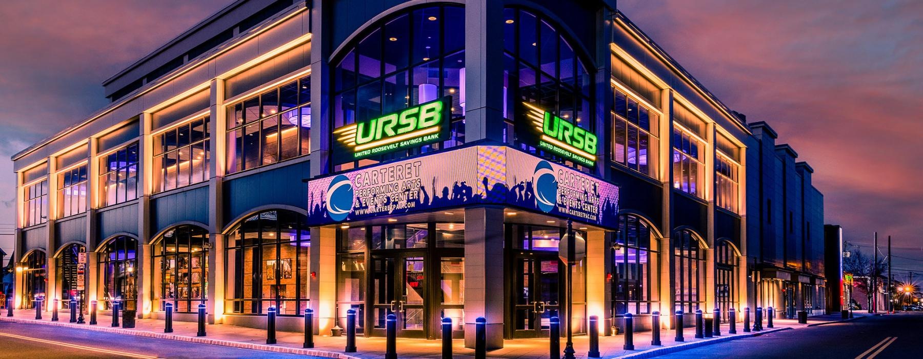 a building with neon signs